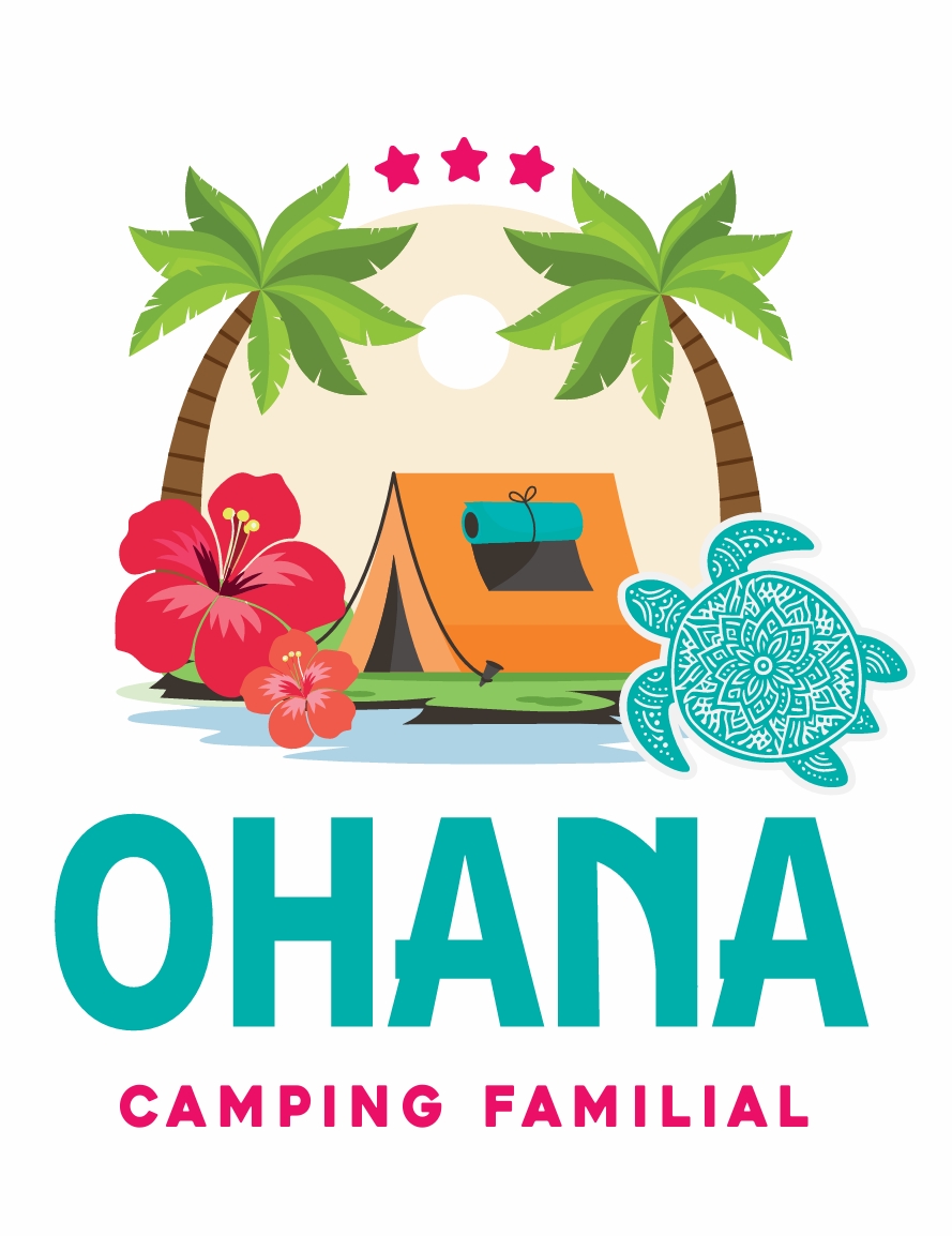 Logo Ohana Camping Familial avec palmiers, tente et tortue