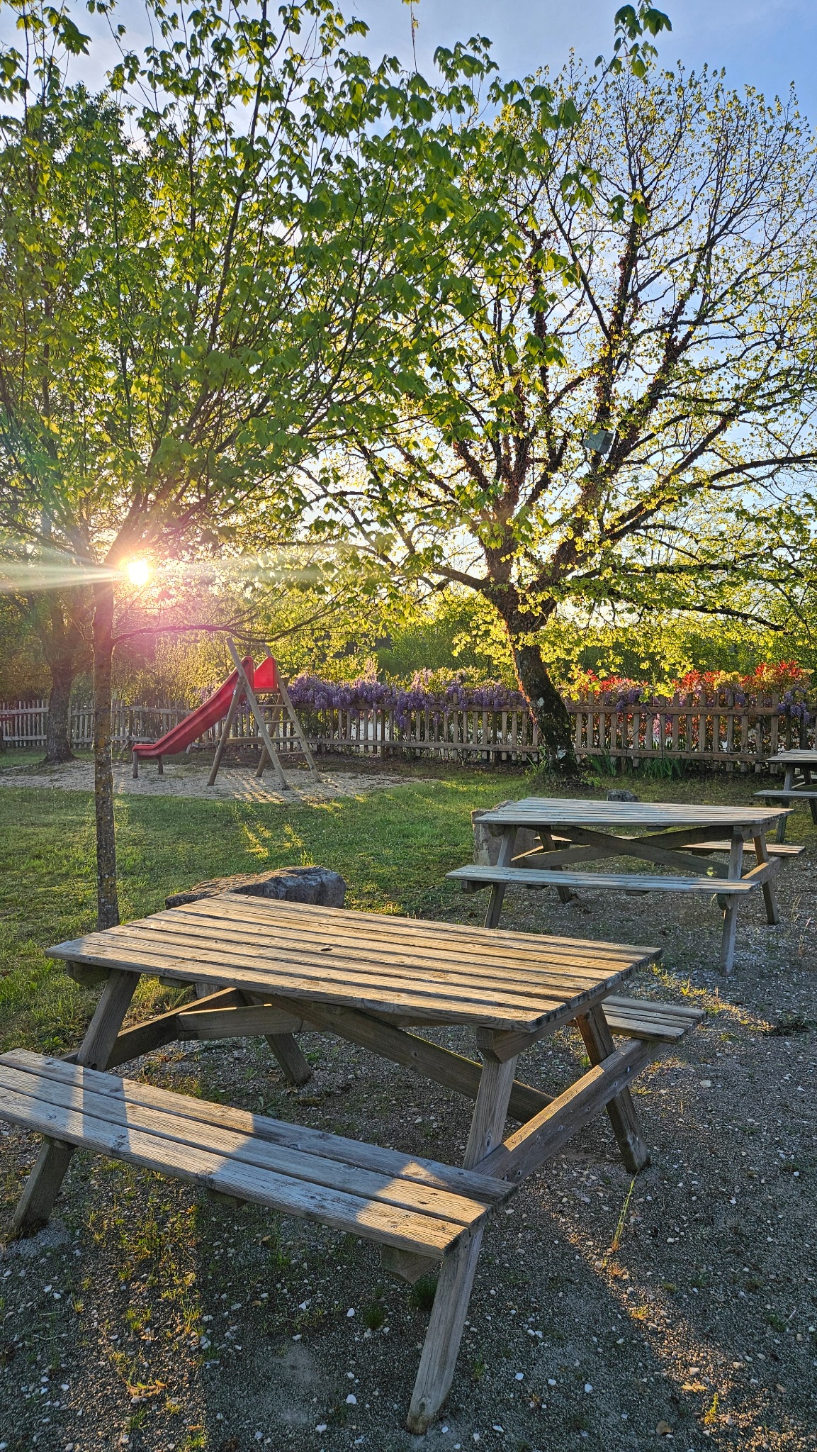 Tables de pique-nique près du toboggan du Camping Ohana, à l’ombre des arbres