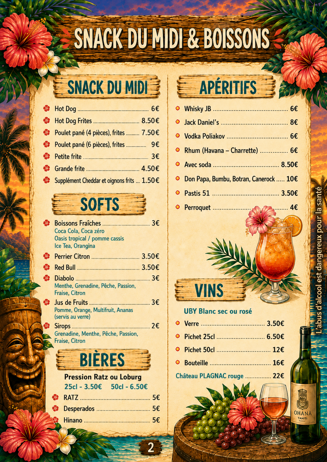 Carte du snack, des boissons fraîches, bières, apéritifs et vins du Camping Ohana