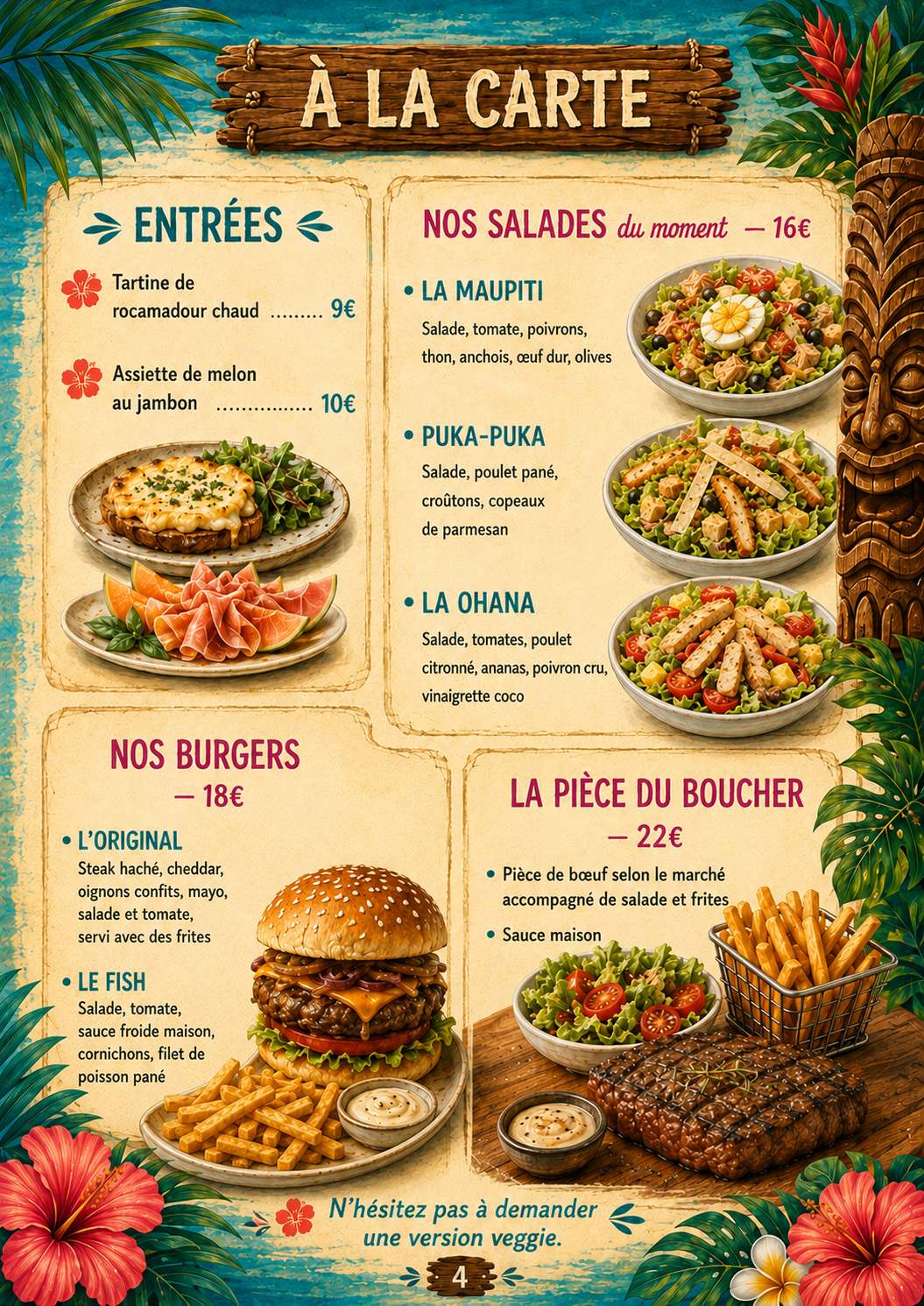 Carte du restaurant Ohana avec les entrées, salades, burgers et pièce du boucher