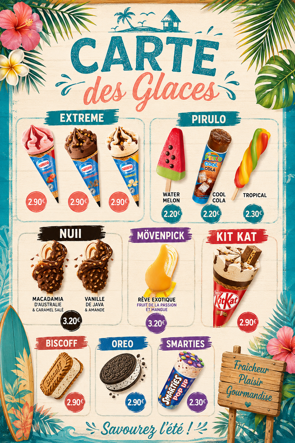 Carte illustrée des glaces proposées au Camping Ohana, avec les prix fournis