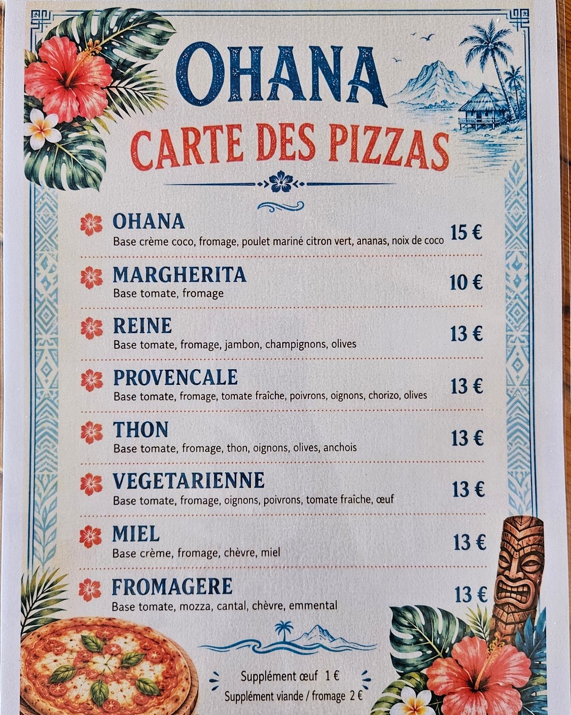 Carte des pizzas du restaurant Ohana avec les recettes et les prix fournis par le camping