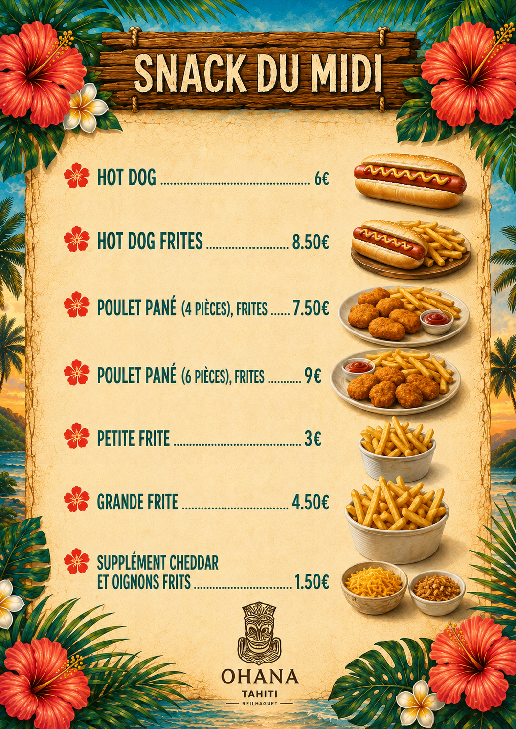 Carte du snack du midi Ohana avec hot-dogs, poulet pané, frites et suppléments