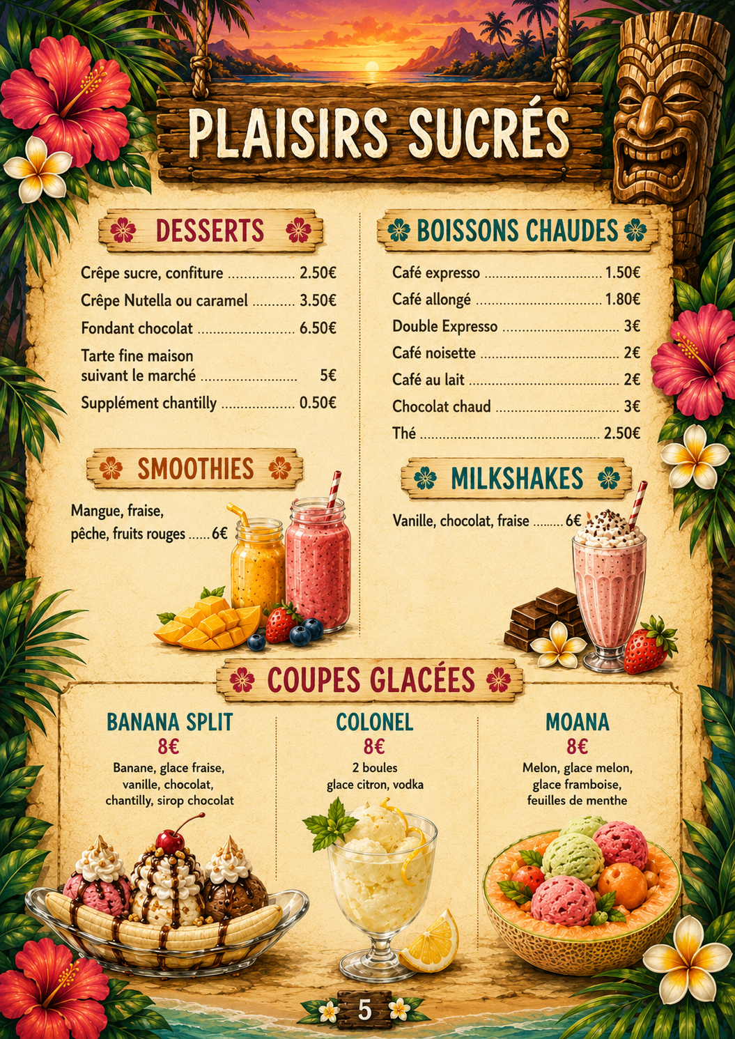 Carte des desserts, boissons chaudes, smoothies, milkshakes et coupes glacées Ohana